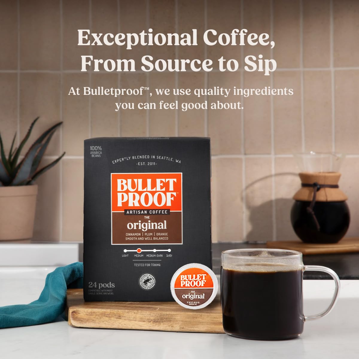 Bulletproof single-serve pod close-up highlighting build quality and easy use