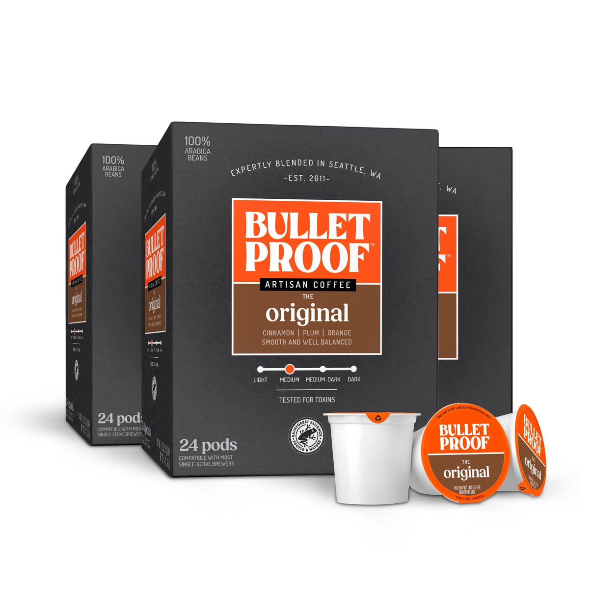 Bulletproof front packaging showing 72 pods and premium look