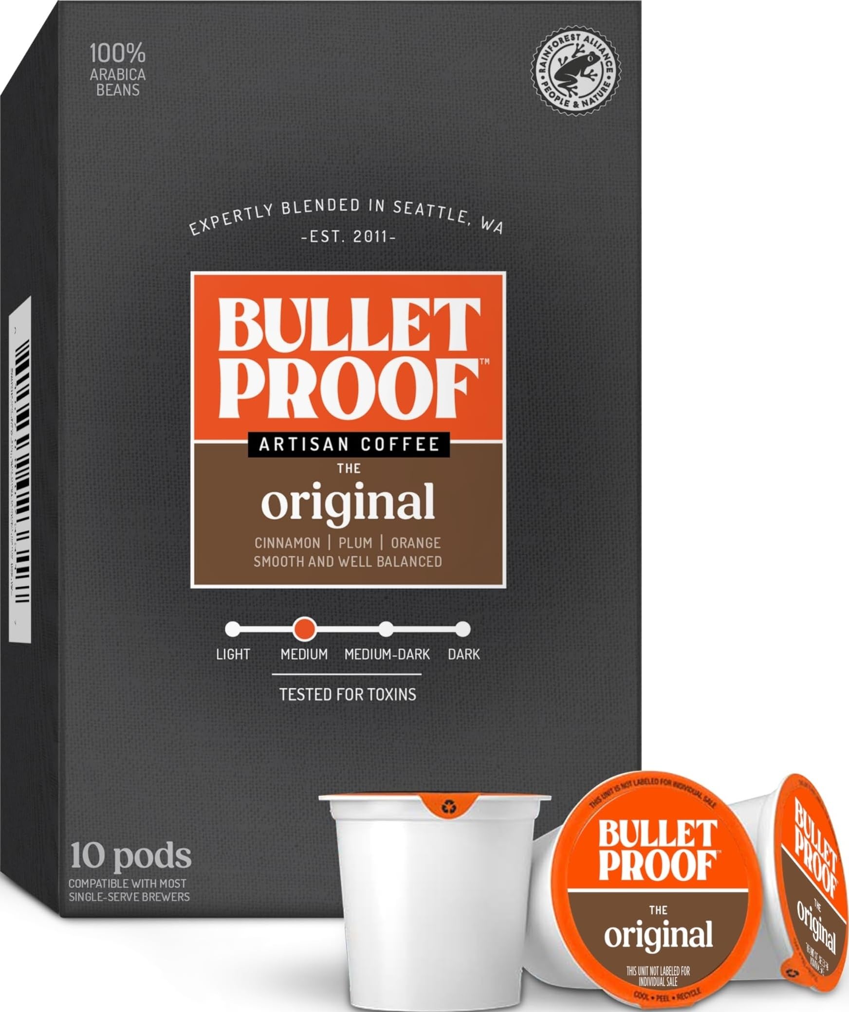 Bulletproof front packaging showing 10 pods and premium branding benefits convenience