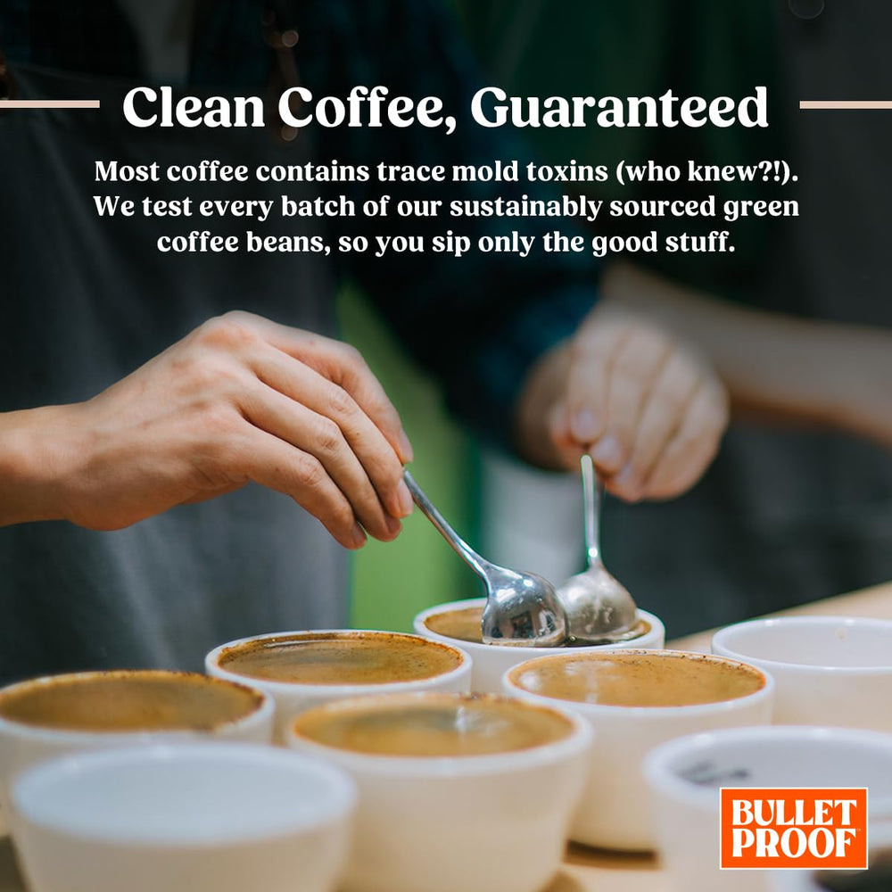 Bulletproof pods next to cup to show scale and quick single-serve brewing benefit