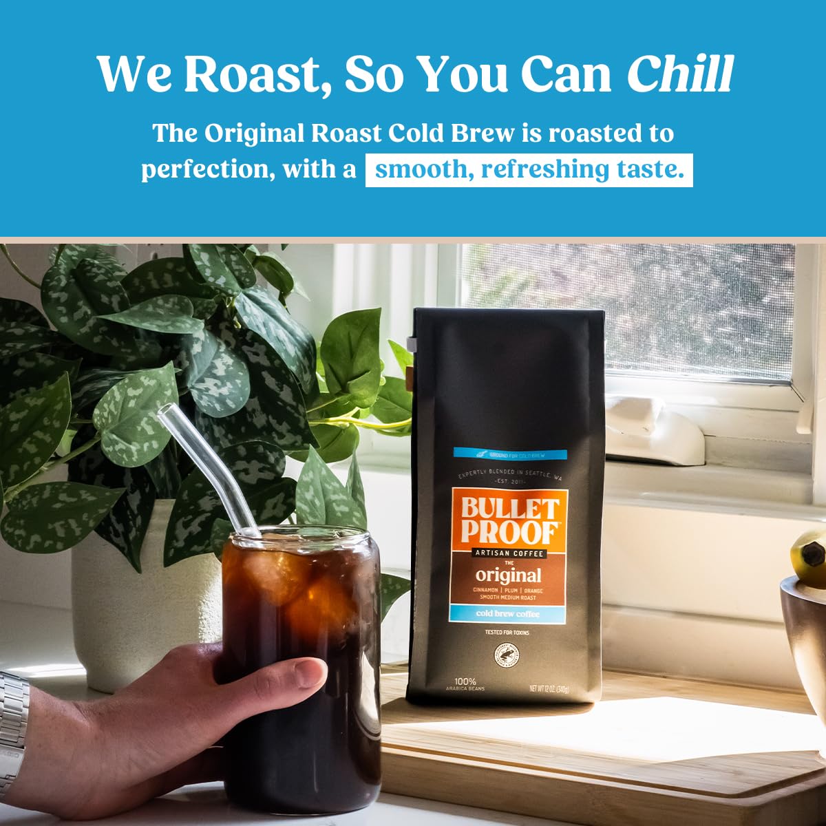 Bulletproof pouring cold brew over ice for smooth chilled flavor