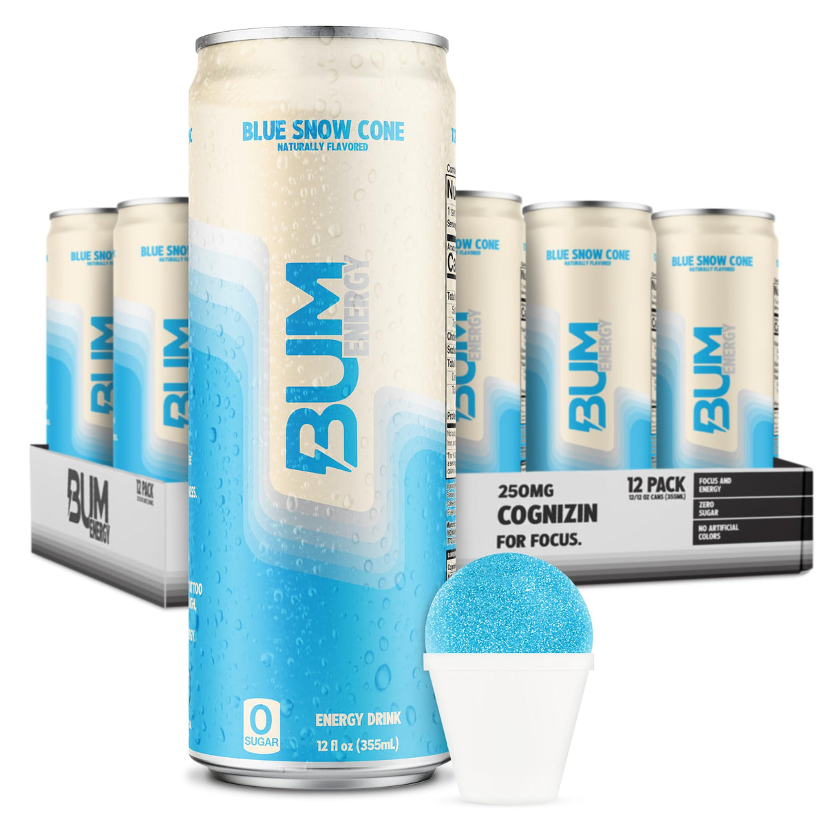 BUM Blue Snow Cone front packaging showing vibrant can and flavor appeal