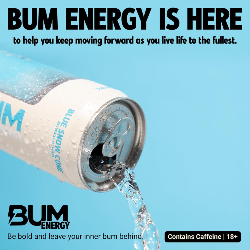 BUM can in outdoor setting showing on-the-go refreshment and energy