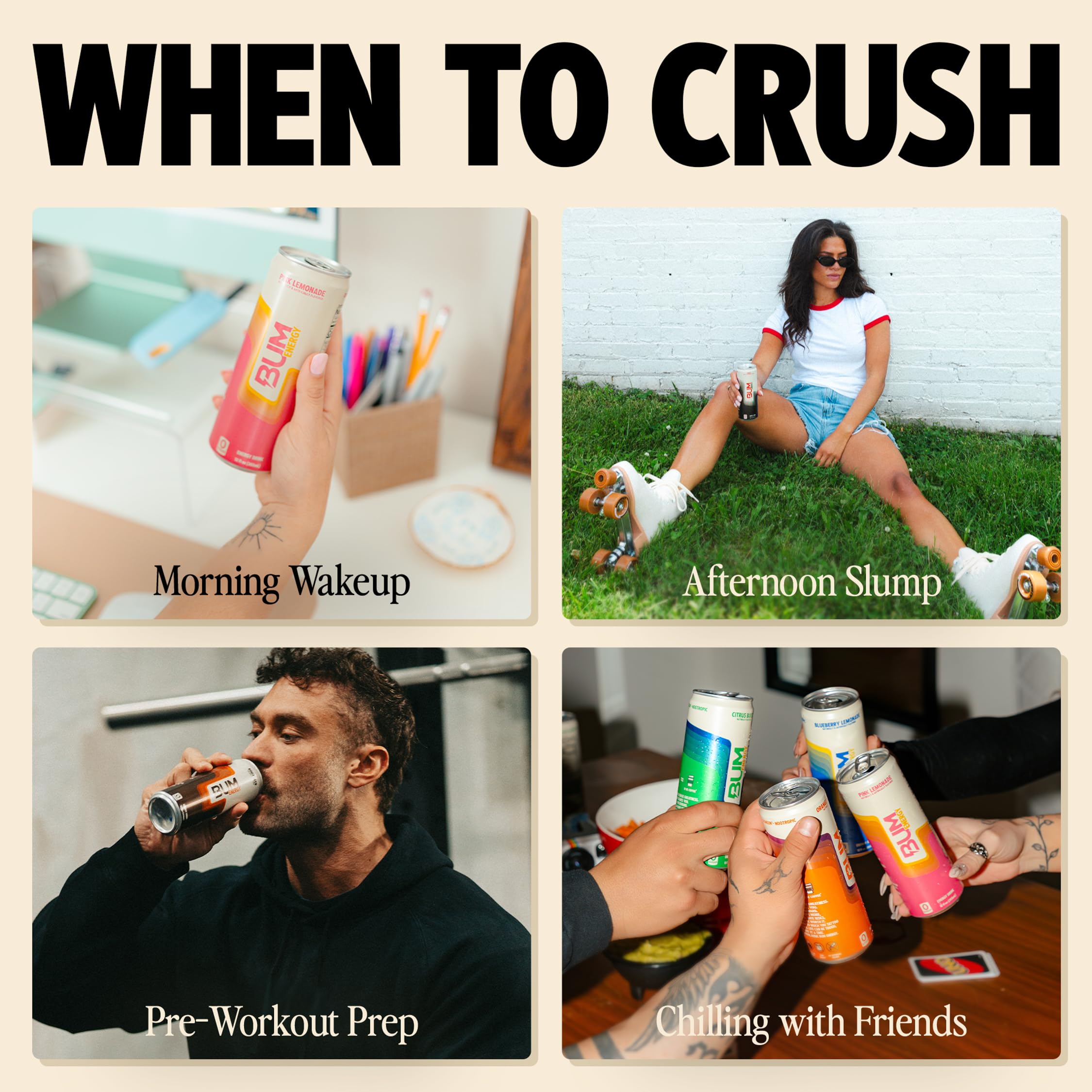 Bum Energy poured over ice lifestyle image showing refreshing, low-sugar pick-me-up