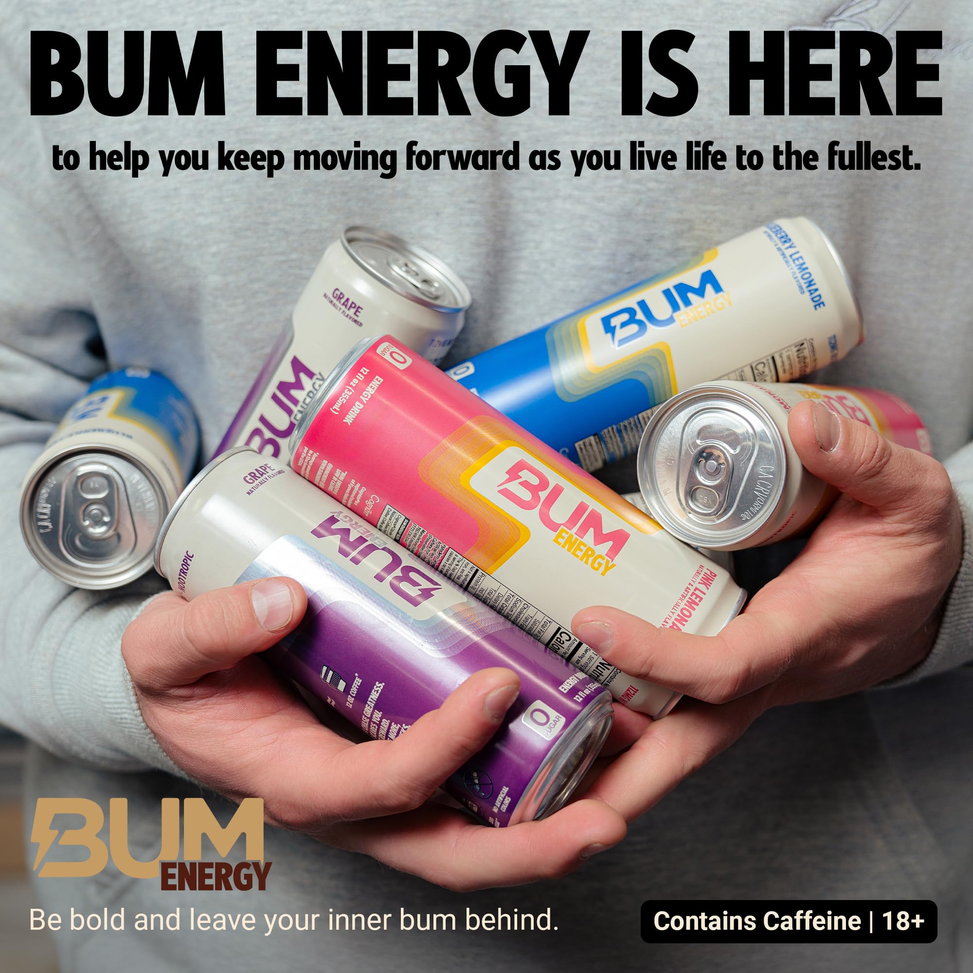 BUM can and water bottle post-workout, helps sustain clean energy