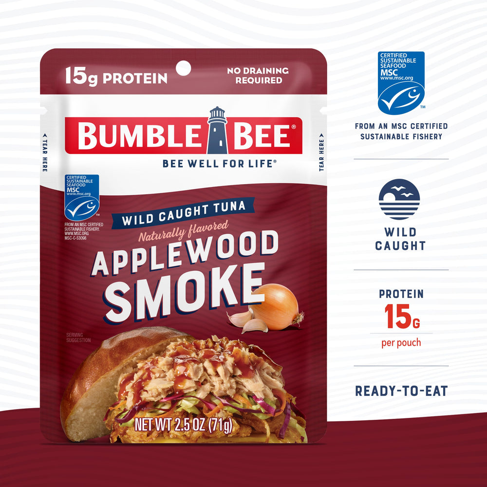 Bumble Bee open pouch with tuna visible, ready-to-eat for instant portable protein