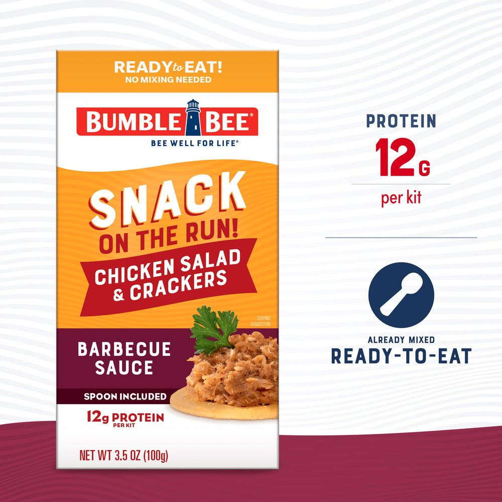 Bumble Bee closeup of BBQ chicken salad can highlighting ready-to-eat protein