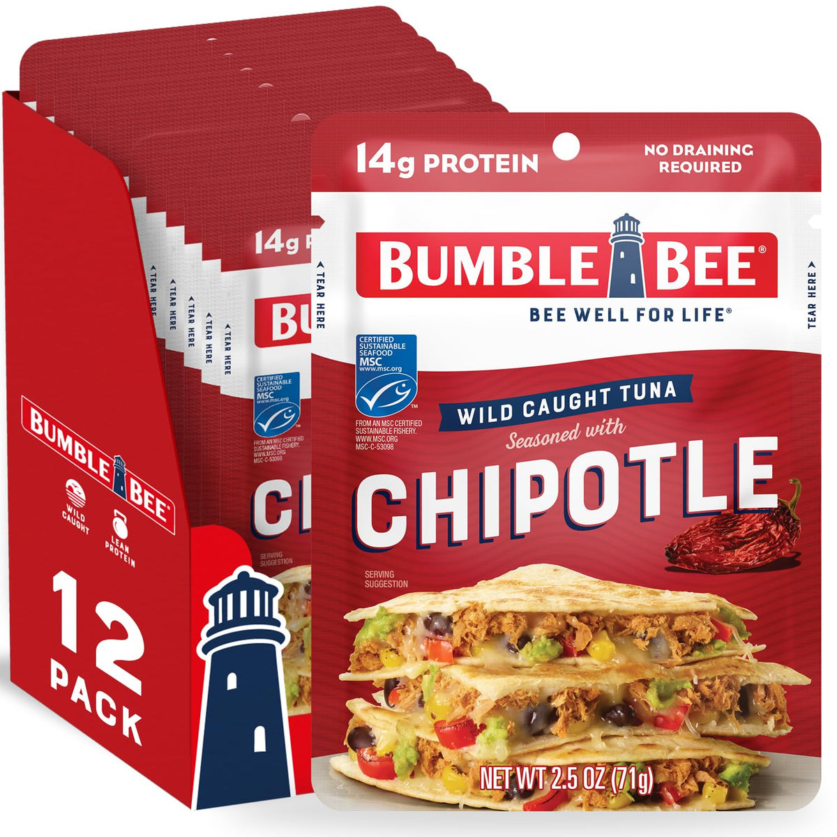 Bumble Bee front packaging showing chipotle tuna pack and bold flavor benefit