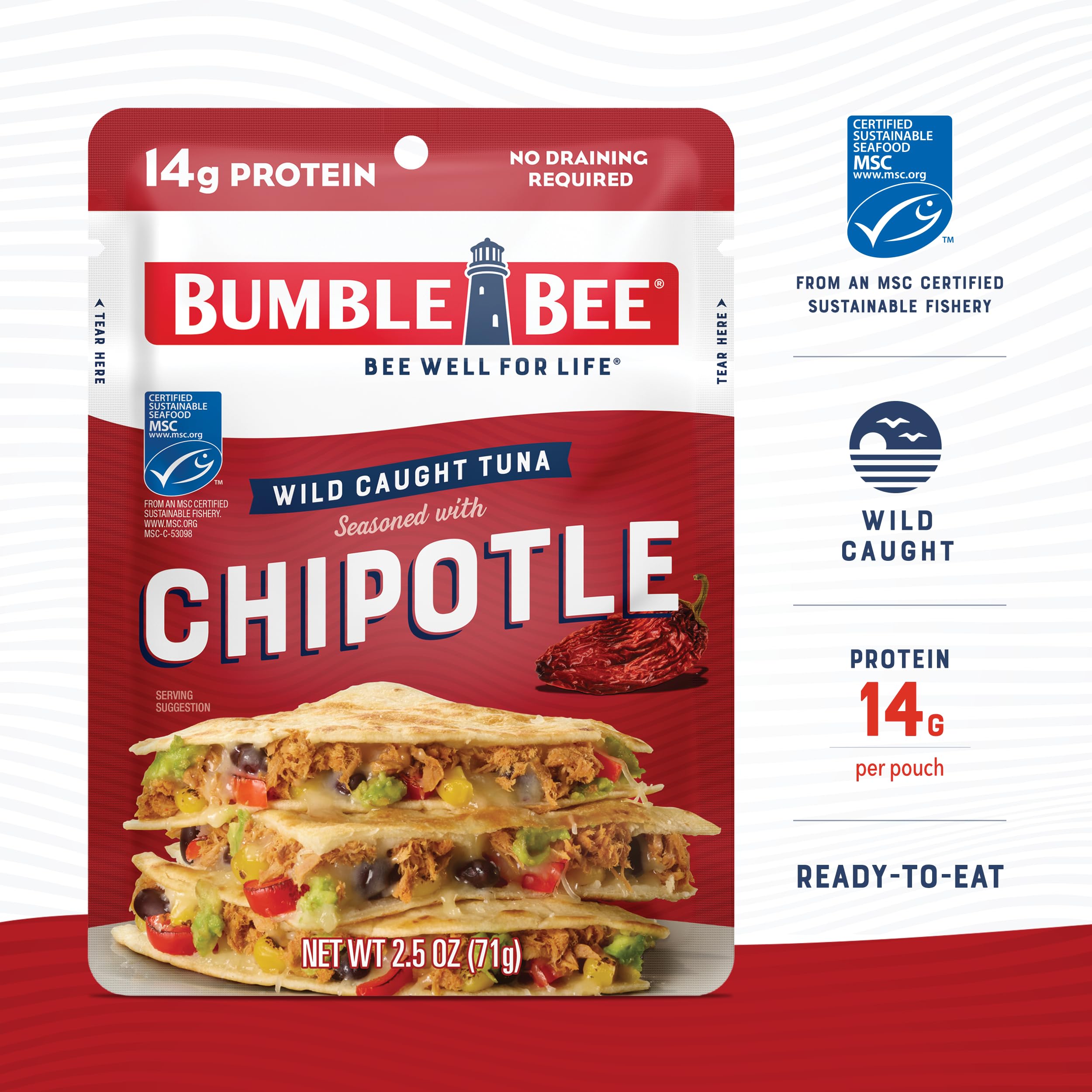 Bumble Bee opened pouch showing tuna contents for quick-eating convenience