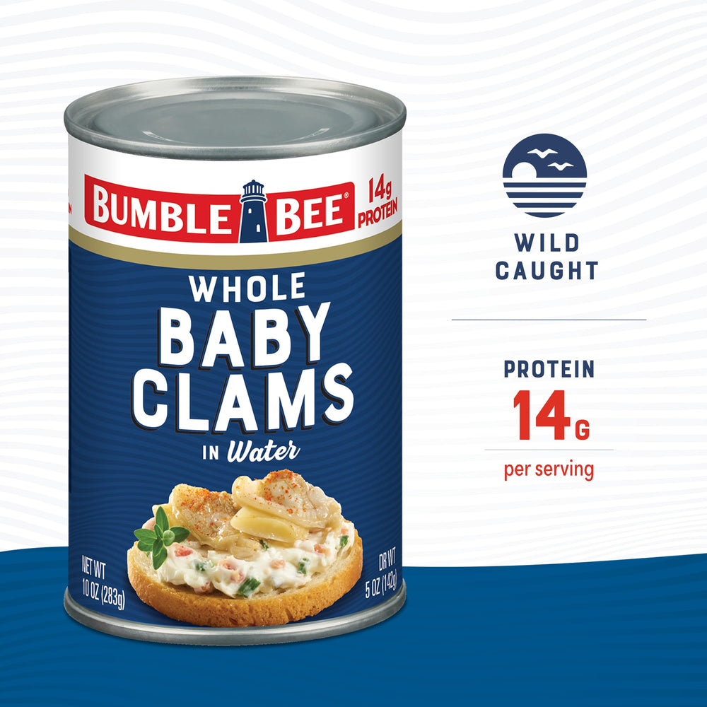Bumble Bee close-up of whole baby clams in can, showing tender texture and usable pieces