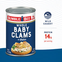 Bumble Bee close-up of whole baby clams in can, showing tender texture and usable pieces