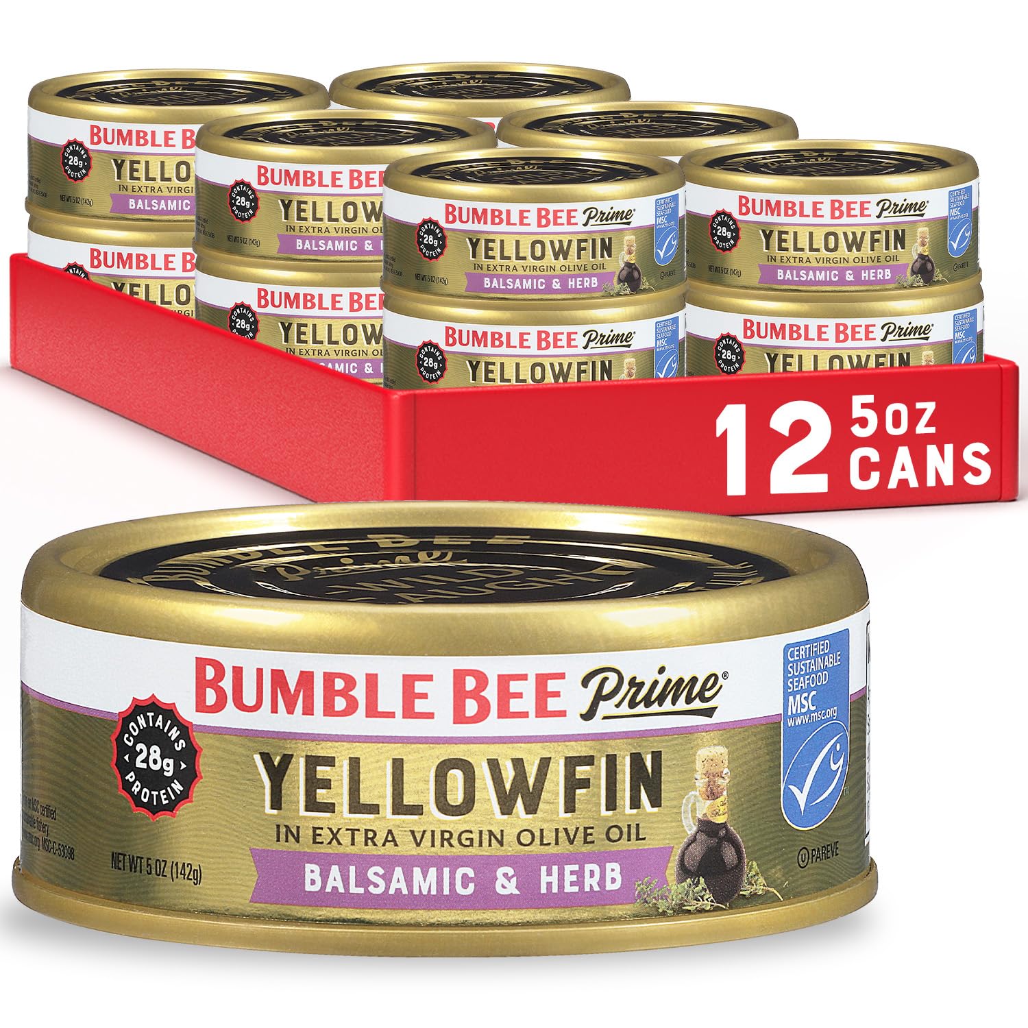 Bumble Bee front packaging showing balsamic herb tuna and benefits