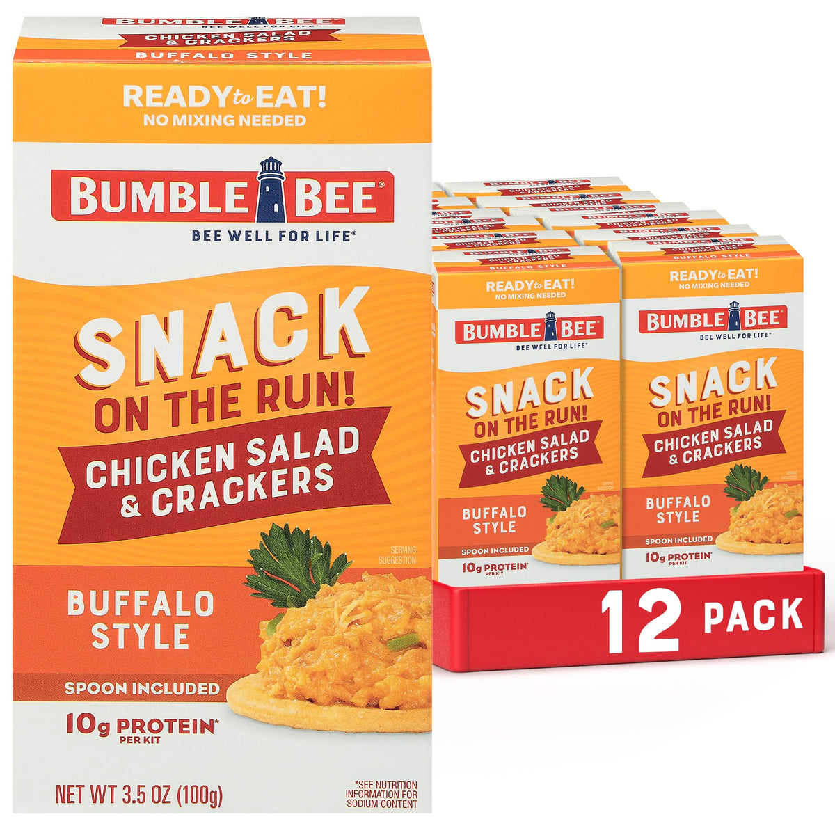 Bumble Bee front packaging showing buffalo chicken salad kit, convenient snack