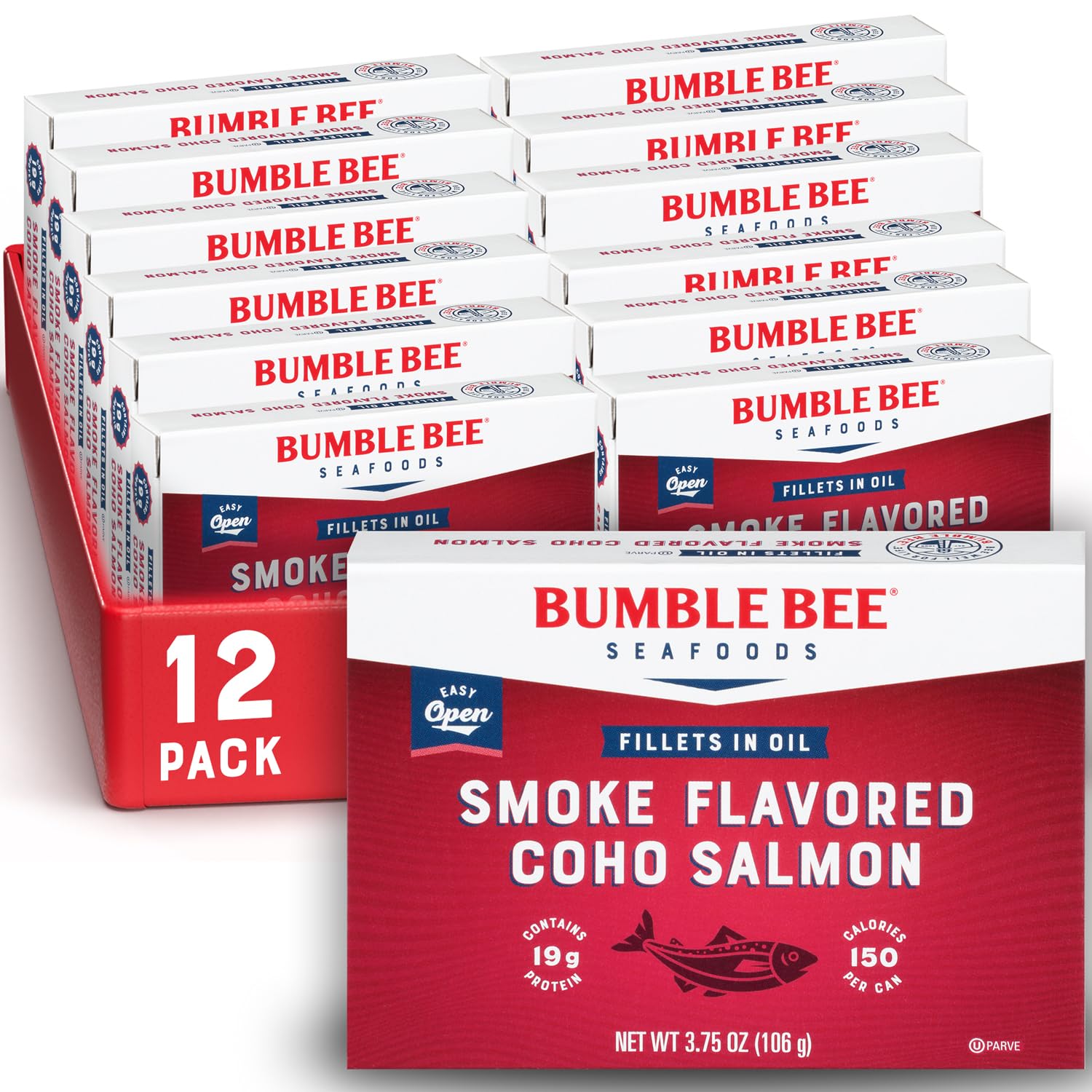 Bumble Bee front packaging showing smoked Coho salmon fillets and benefits