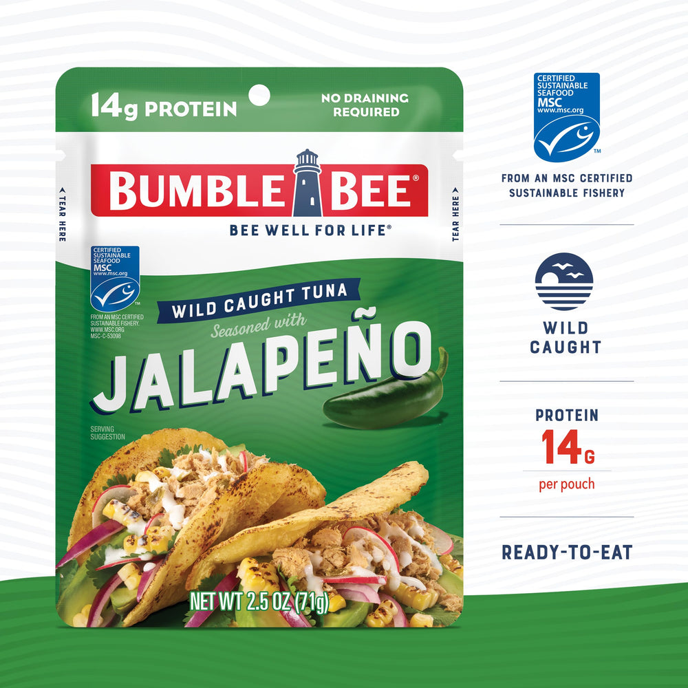Bumble Bee open pouch with seasoned tuna ready to eat quickly