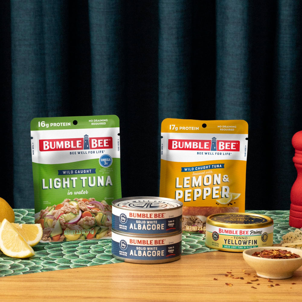 Bumble Bee twelve pouches on pantry shelf showing bulk storage advantage