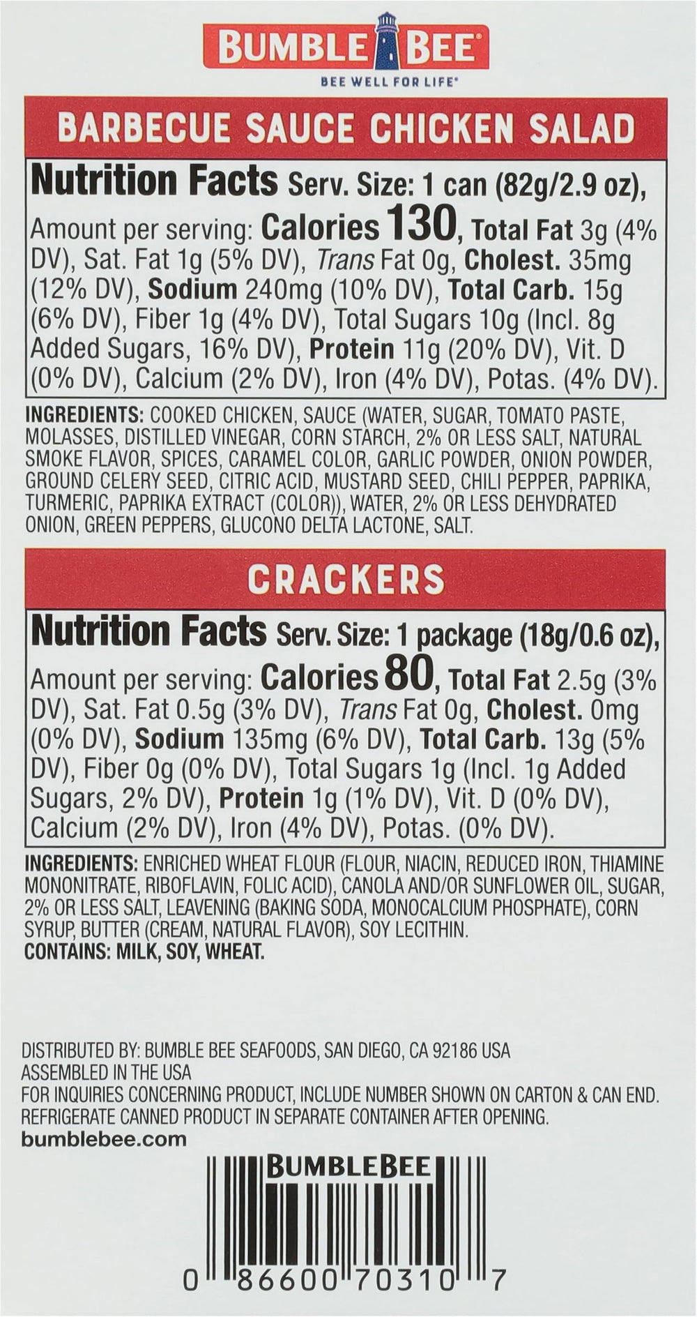 Bumble Bee nutrition and ingredients label image showing clear product details