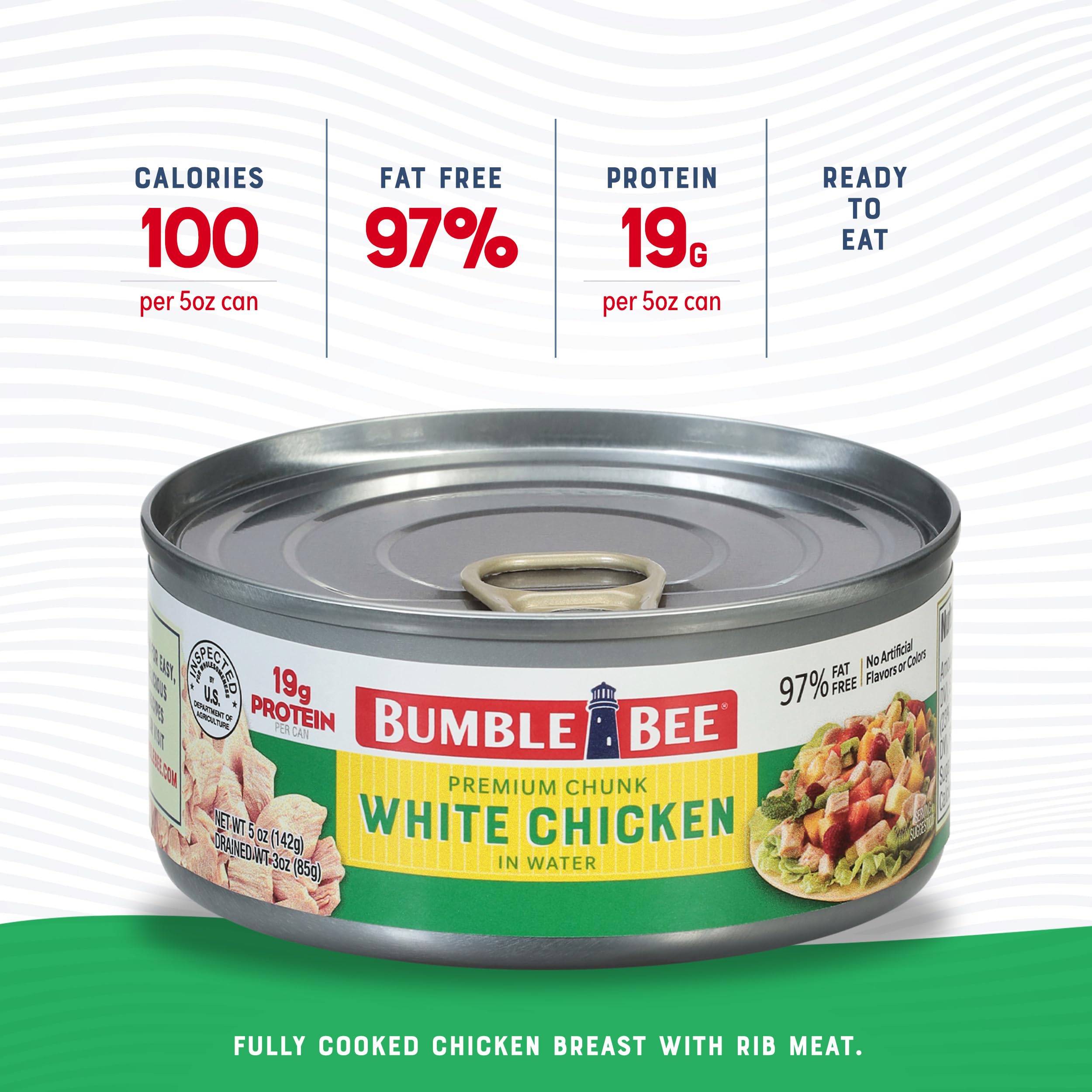 Bumble Bee open can with visible white chicken chunks in water, ready to eat for quick meals