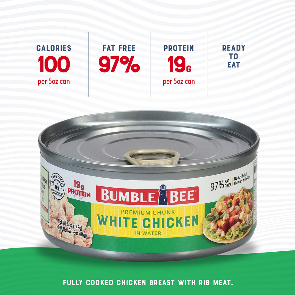 Bumble Bee open can with visible white chicken chunks in water, ready to eat for quick meals
