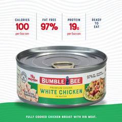 Bumble Bee open can with visible white chicken chunks in water, ready to eat for quick meals