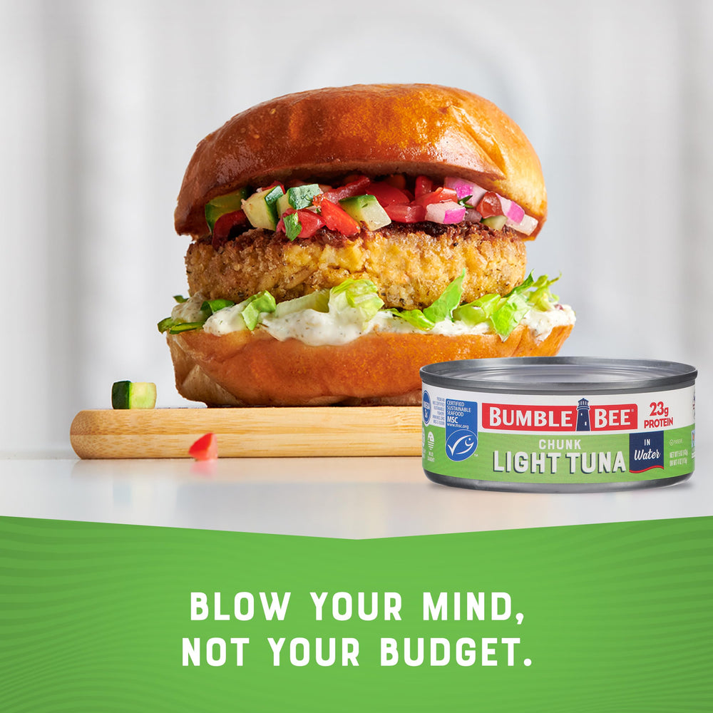 Bumble Bee open can showing chunk light tuna texture and flaky protein benefit