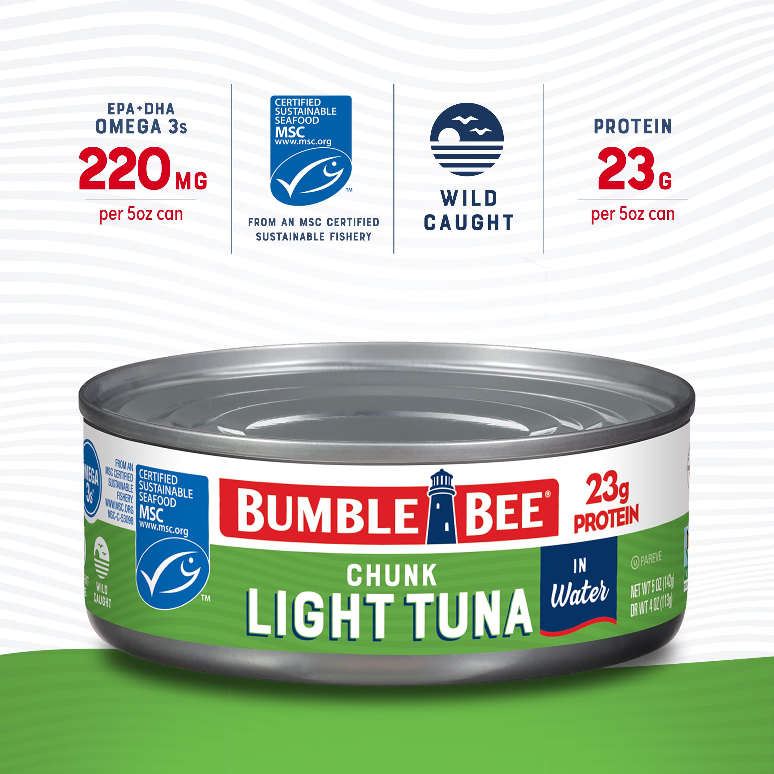 Bumble Bee open can showing chunky tuna texture and easy mixing benefit