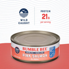 Bumble Bee open can with pink salmon chunks ready to use, highlighting convenience