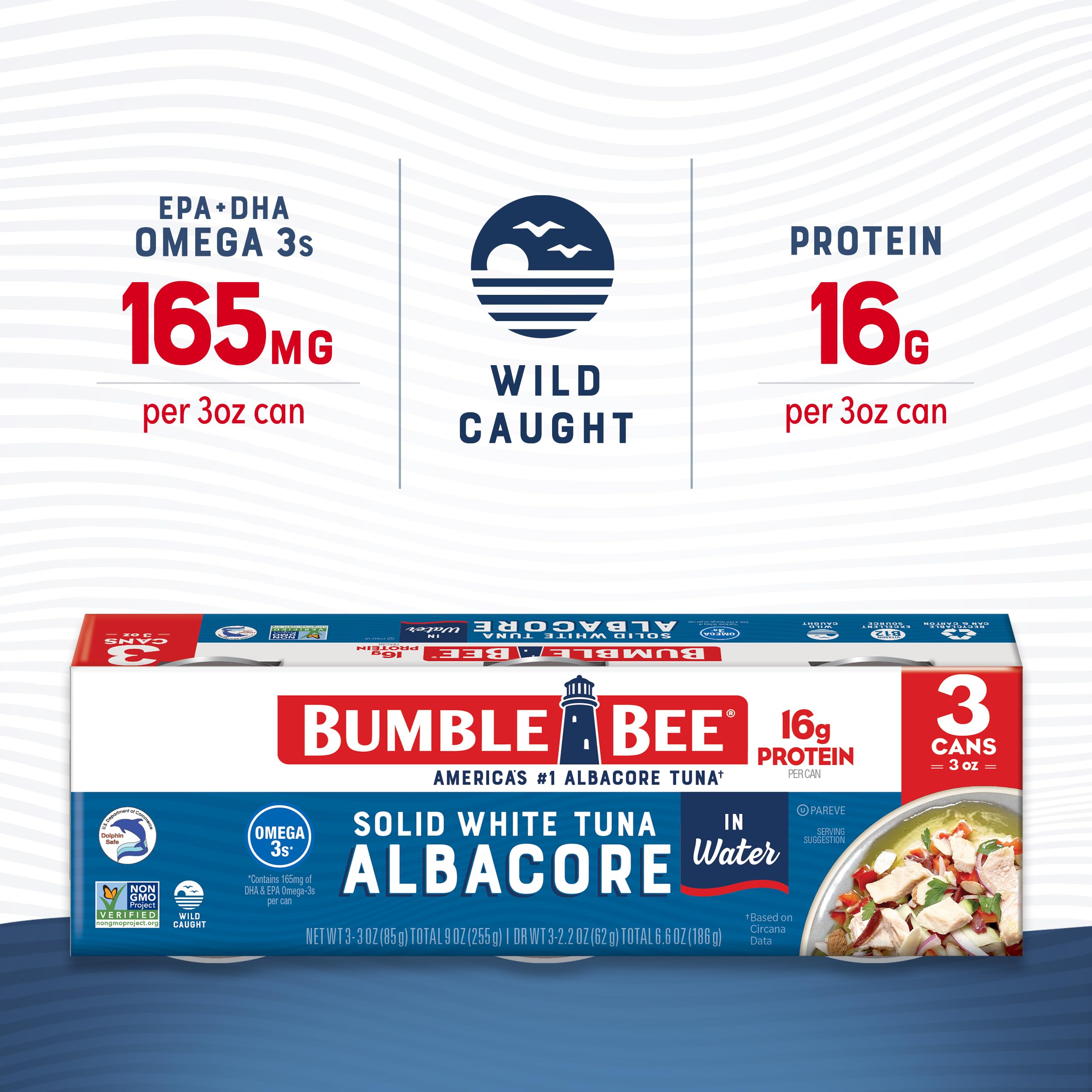 Bumble Bee open can with solid white albacore flakes, ready-to-eat high-protein option
