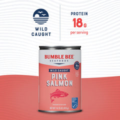 Bumble Bee open can revealing flaky pink salmon texture for quick meal prep benefit
