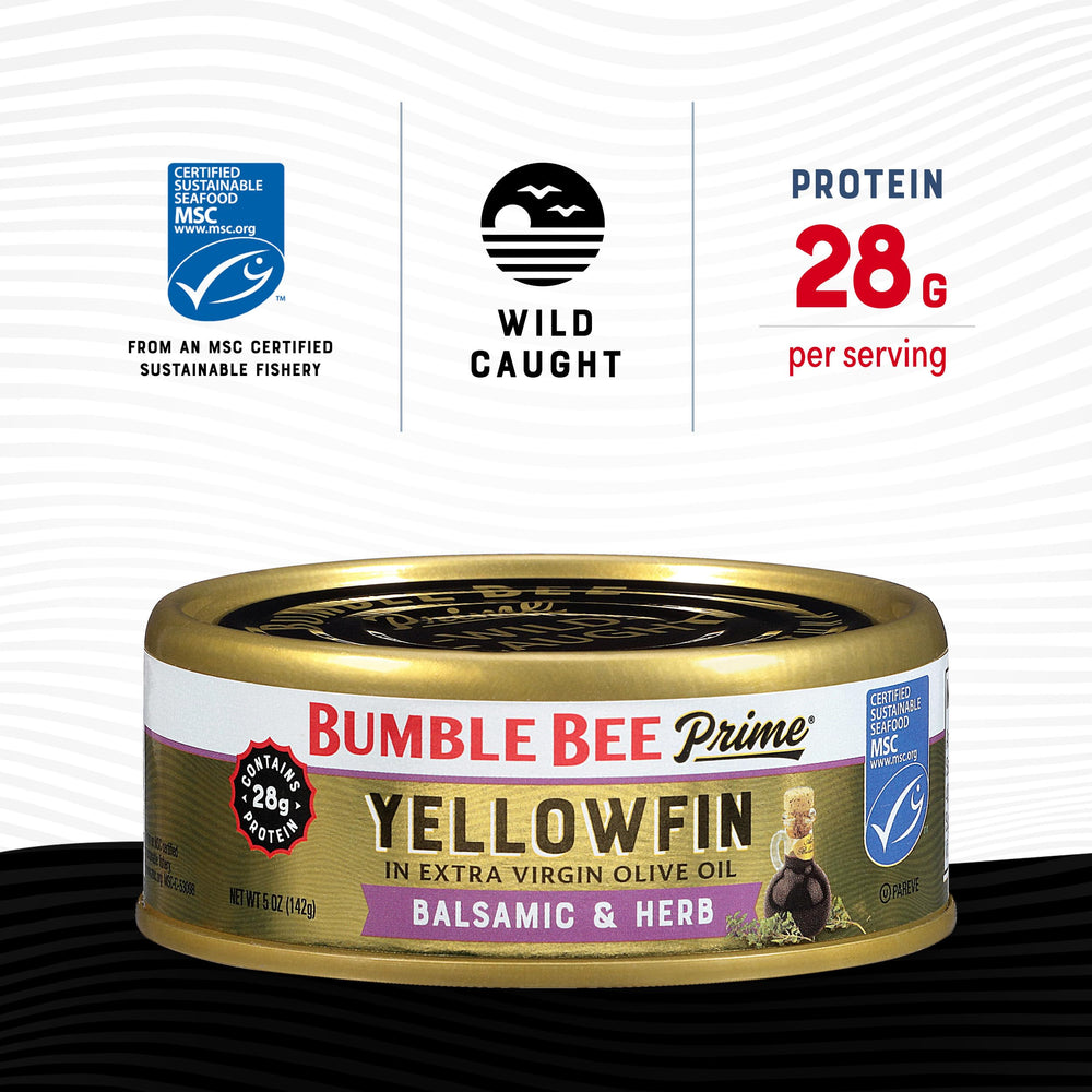Bumble Bee open can showing tuna texture in olive oil, rich flavor benefit
