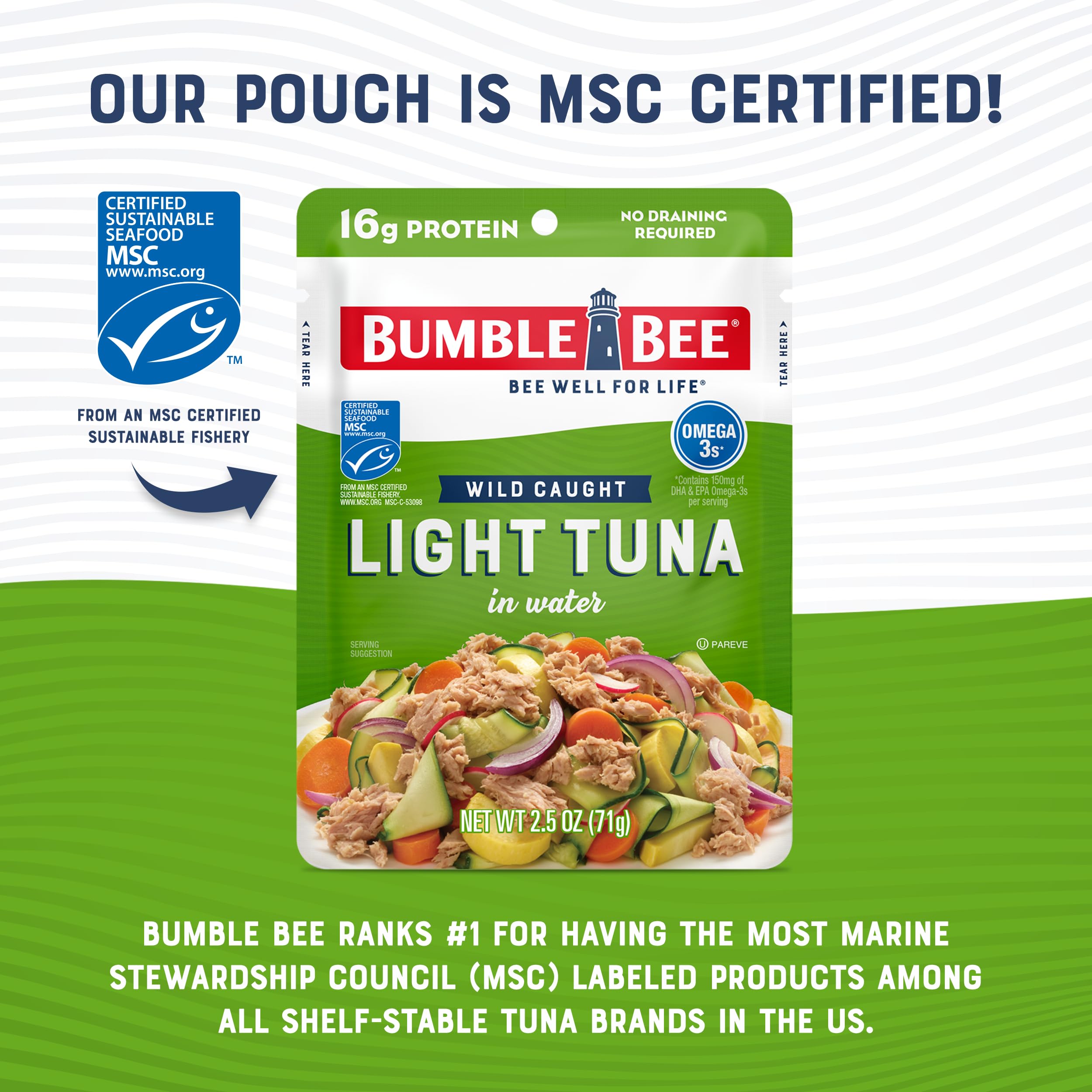 Bumble Bee pouch inside backpack showing portable nutrition on the go
