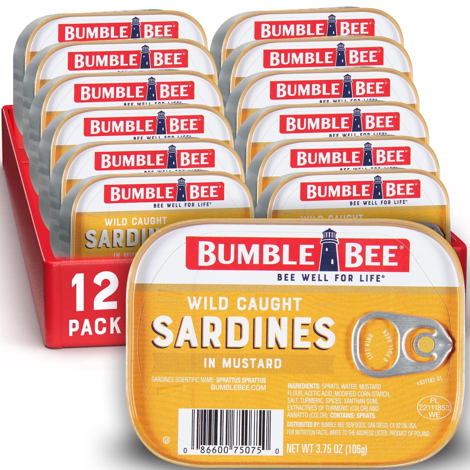 Bumble Bee front packaging showing 12-pack and bold mustard flavor benefit