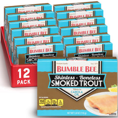 Bumble Bee smoked trout front packaging showing tin and label, convenient pantry staple