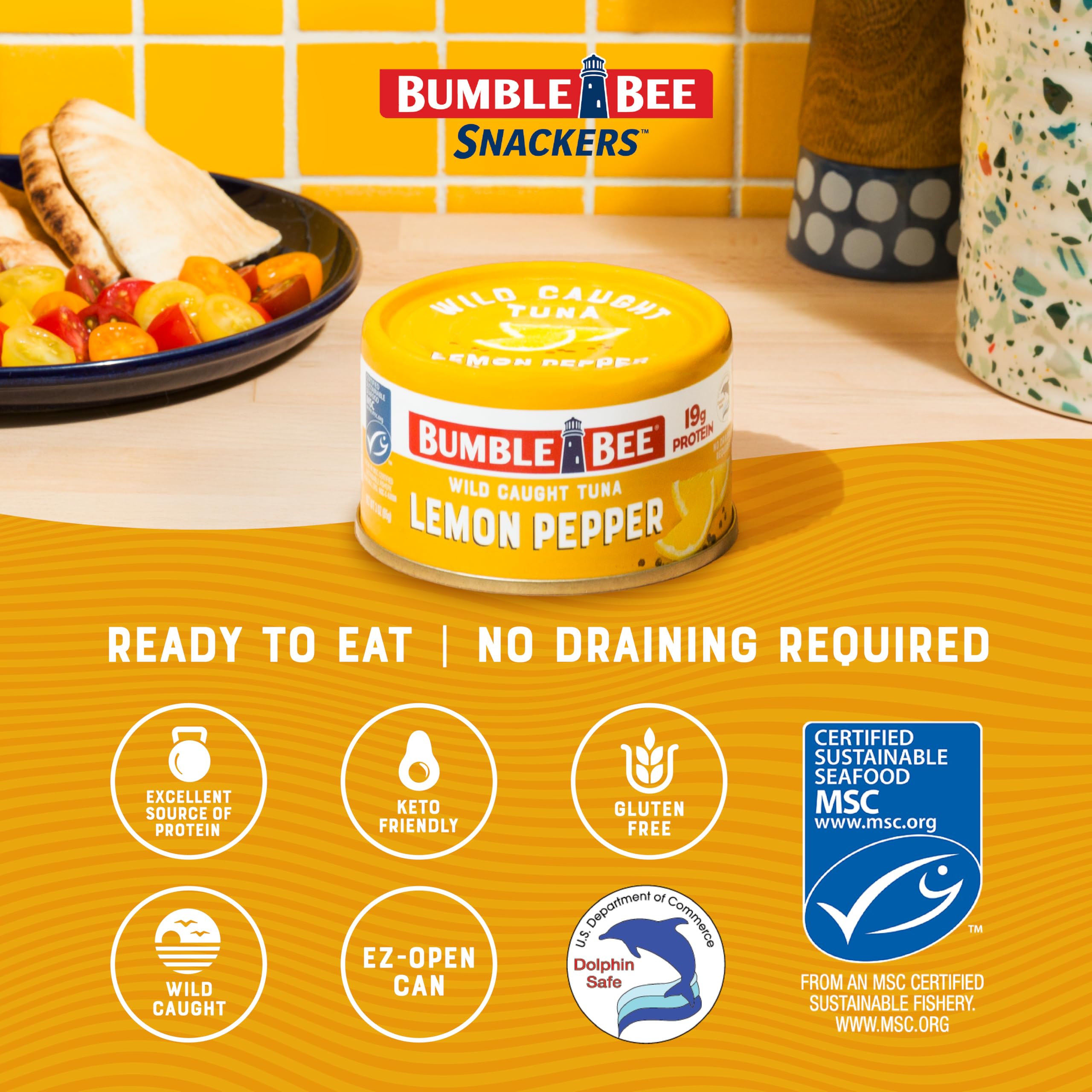 Bumble Bee can in hand demonstrating portable single-serve convenience