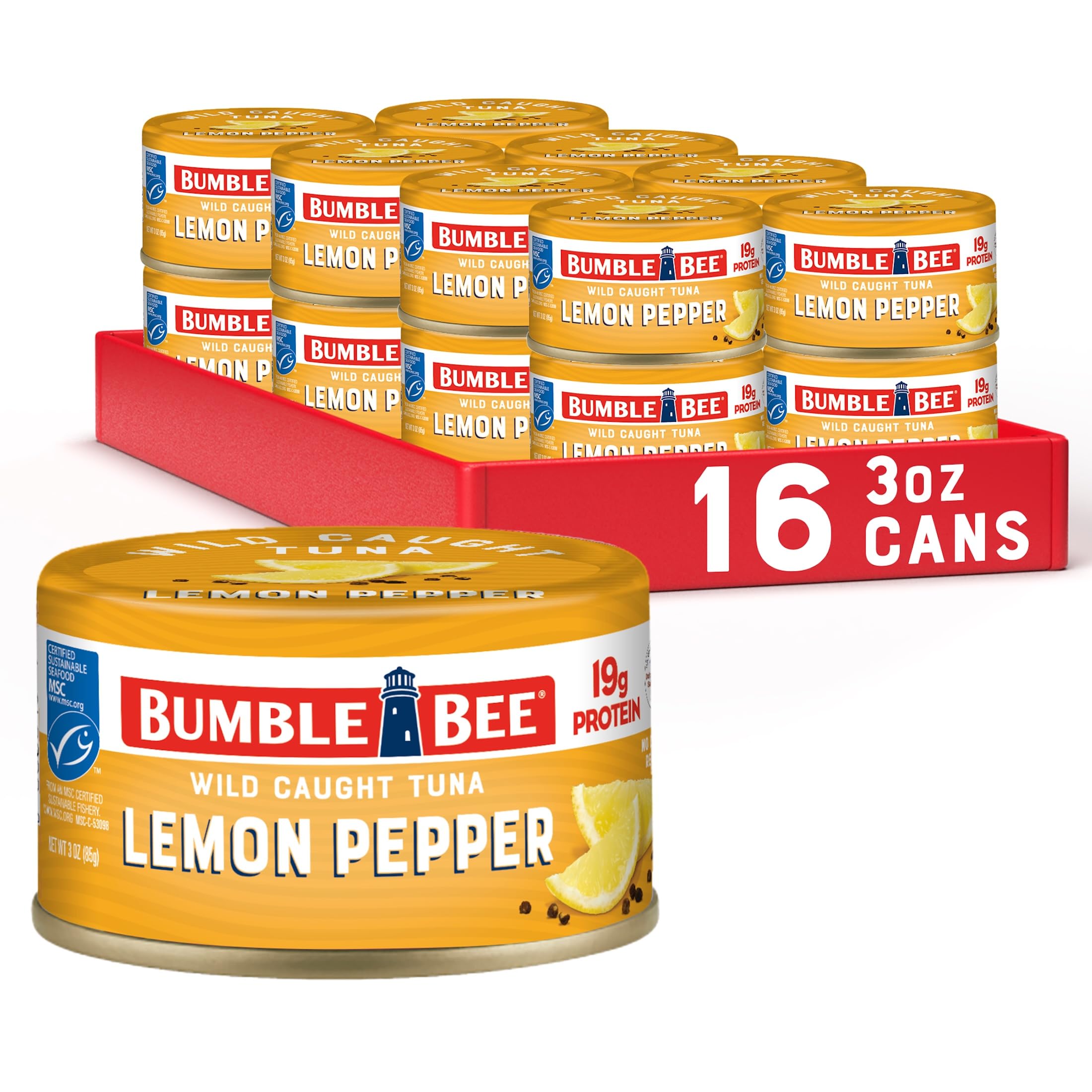 Bumble Bee front can showing lemon pepper label and quick snack benefit