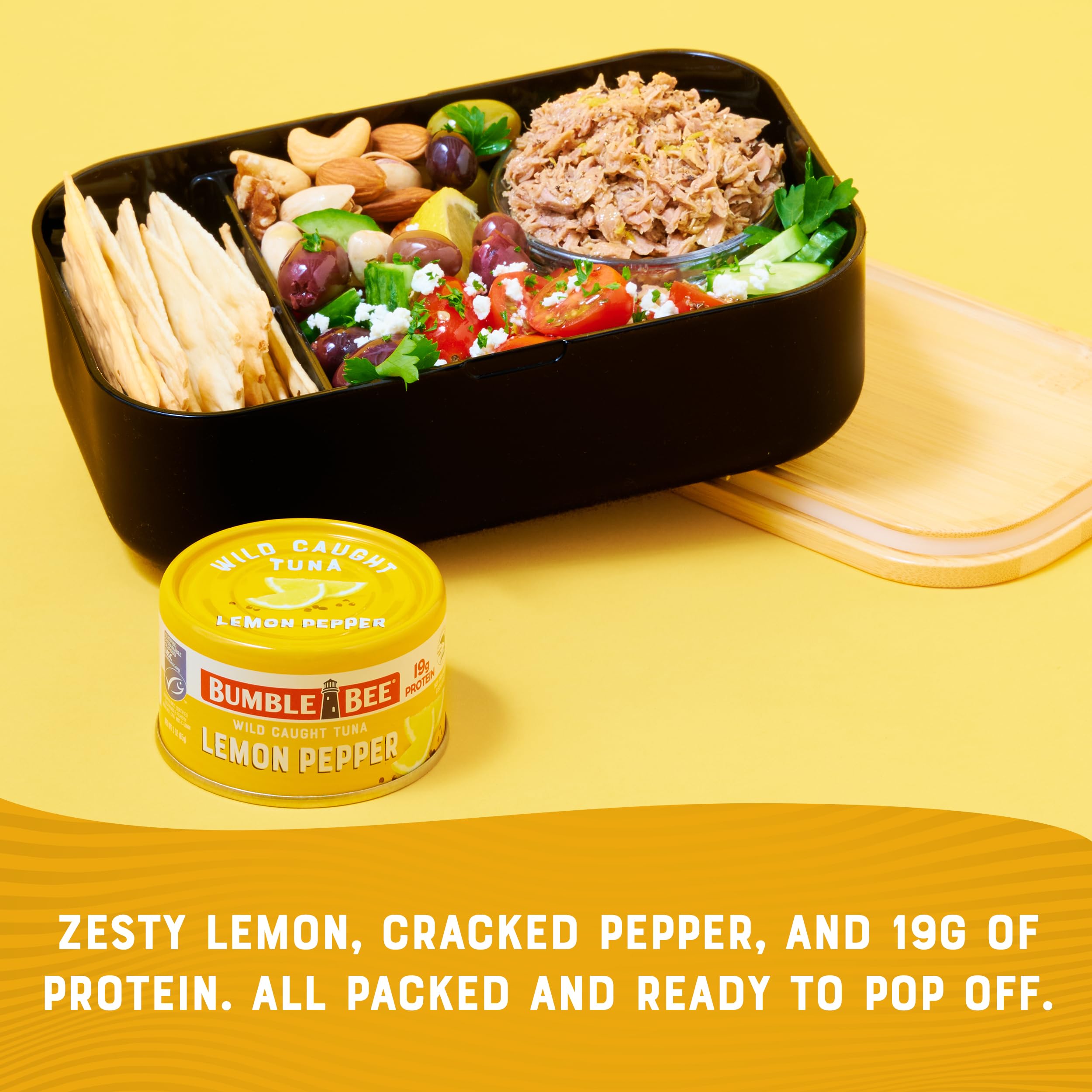 Bumble Bee can next to a fresh wrap showing easy meal assembly