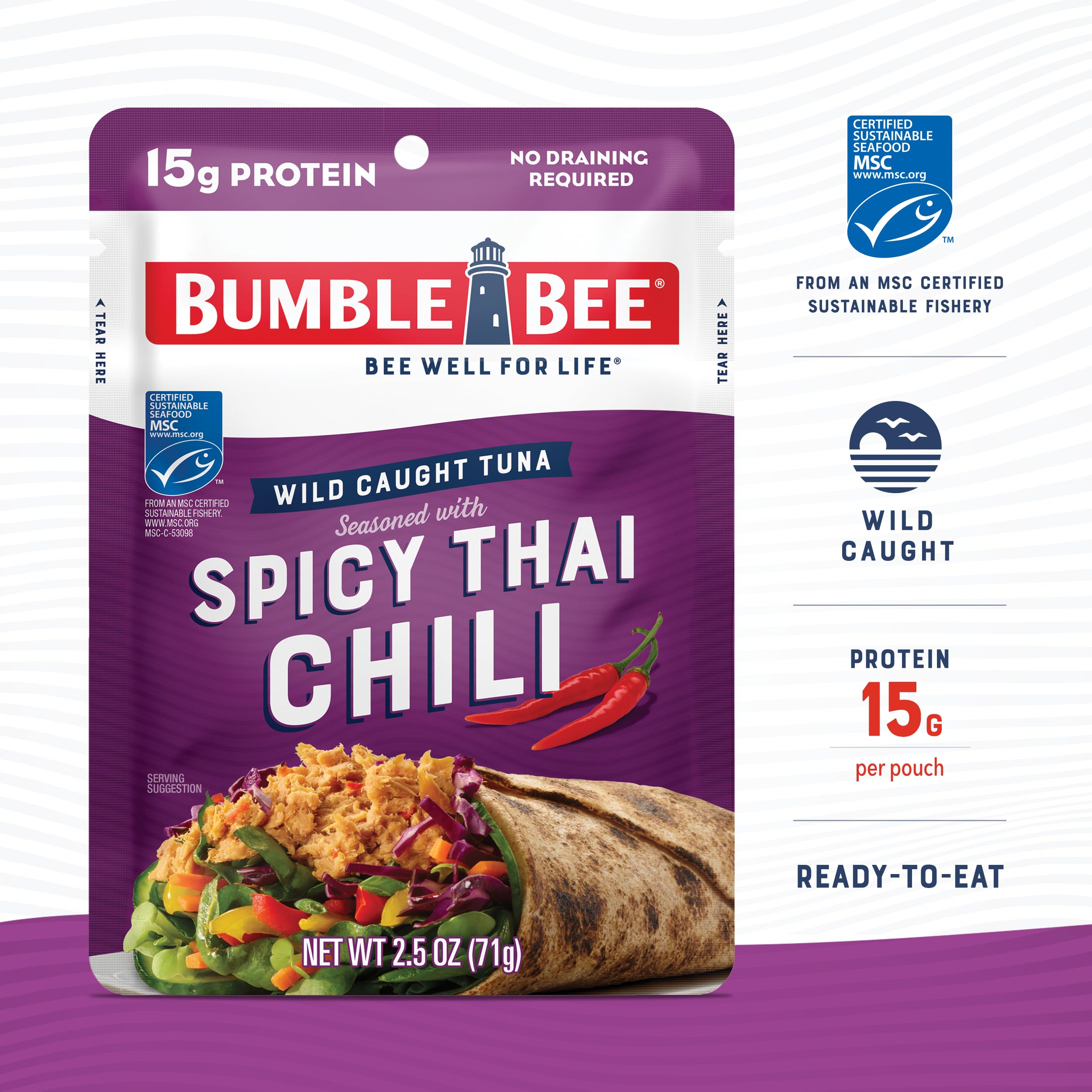 Bumble Bee open pouch displaying seasoned tuna ready to eat for quick meals