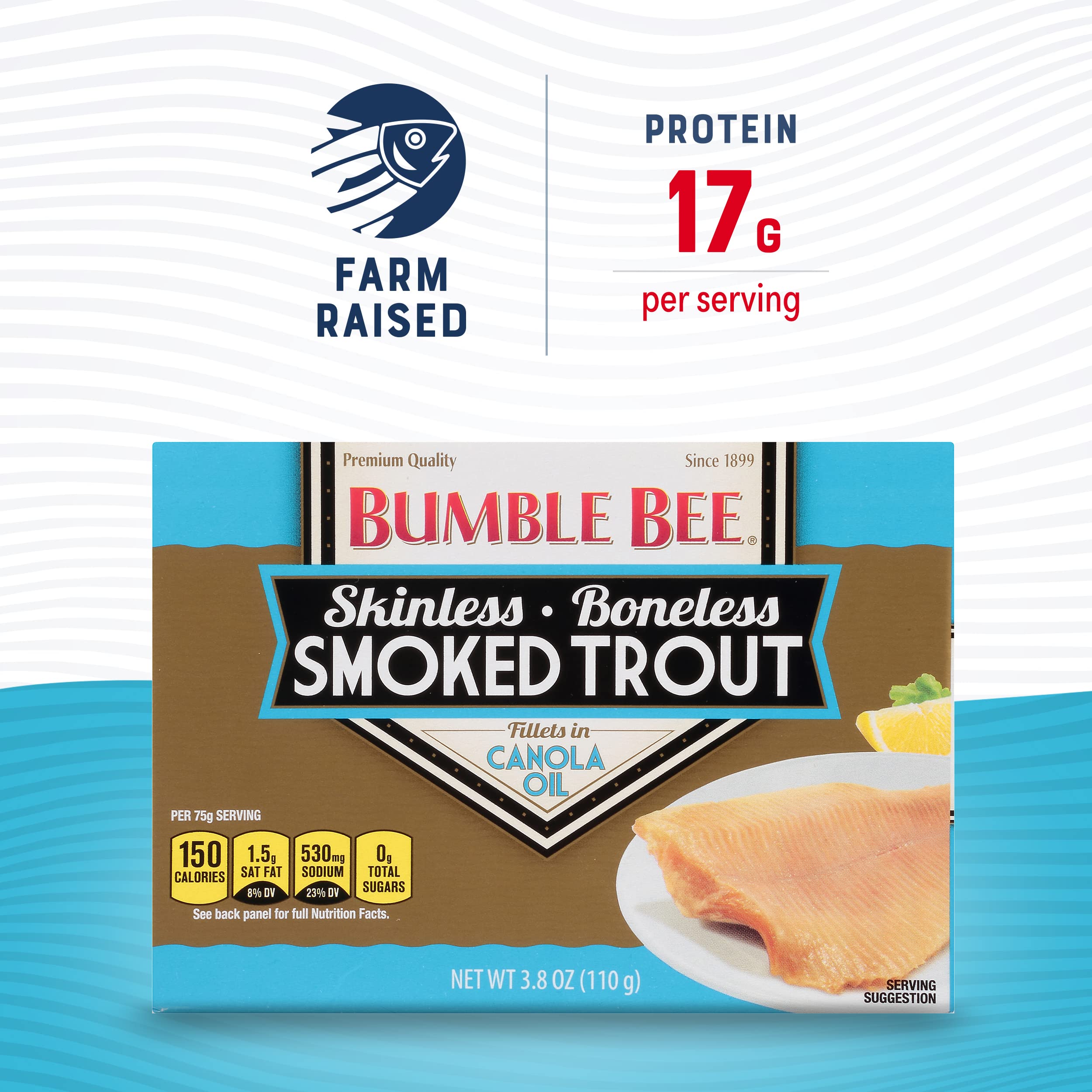 Bumble Bee trout open can showing skinless fillets in oil, ready-to-eat protein