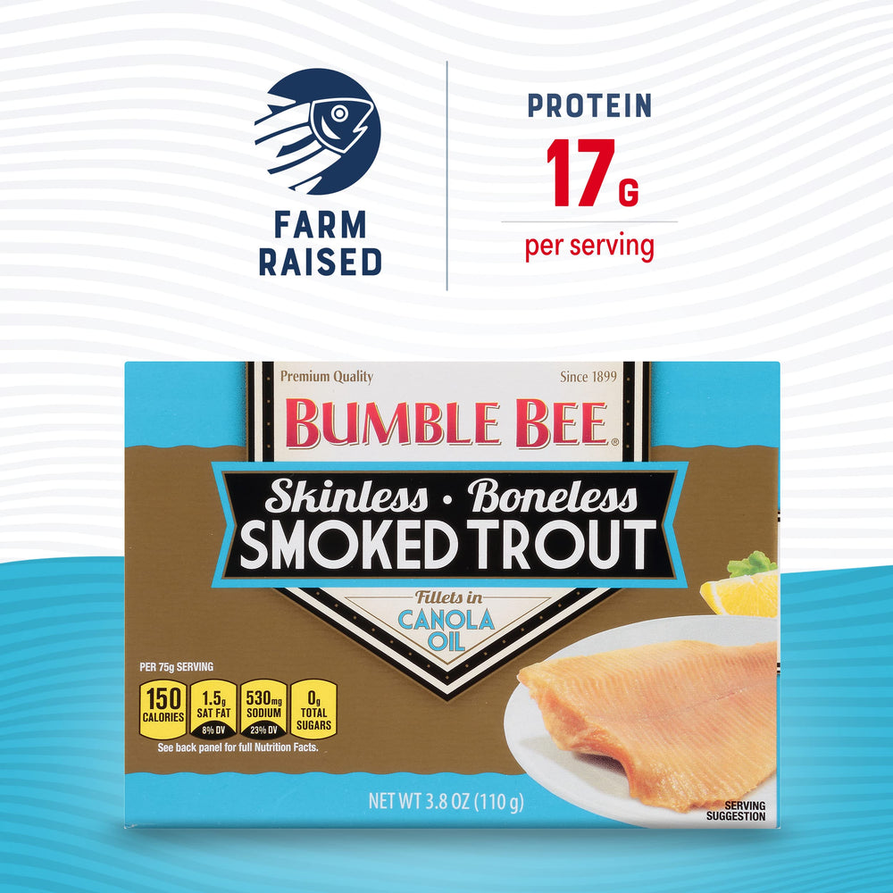 Bumble Bee trout open can showing skinless fillets in oil, ready-to-eat protein