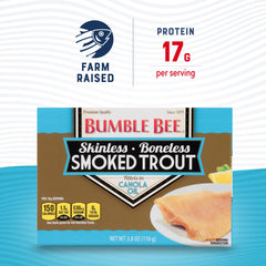Bumble Bee trout open can showing skinless fillets in oil, ready-to-eat protein