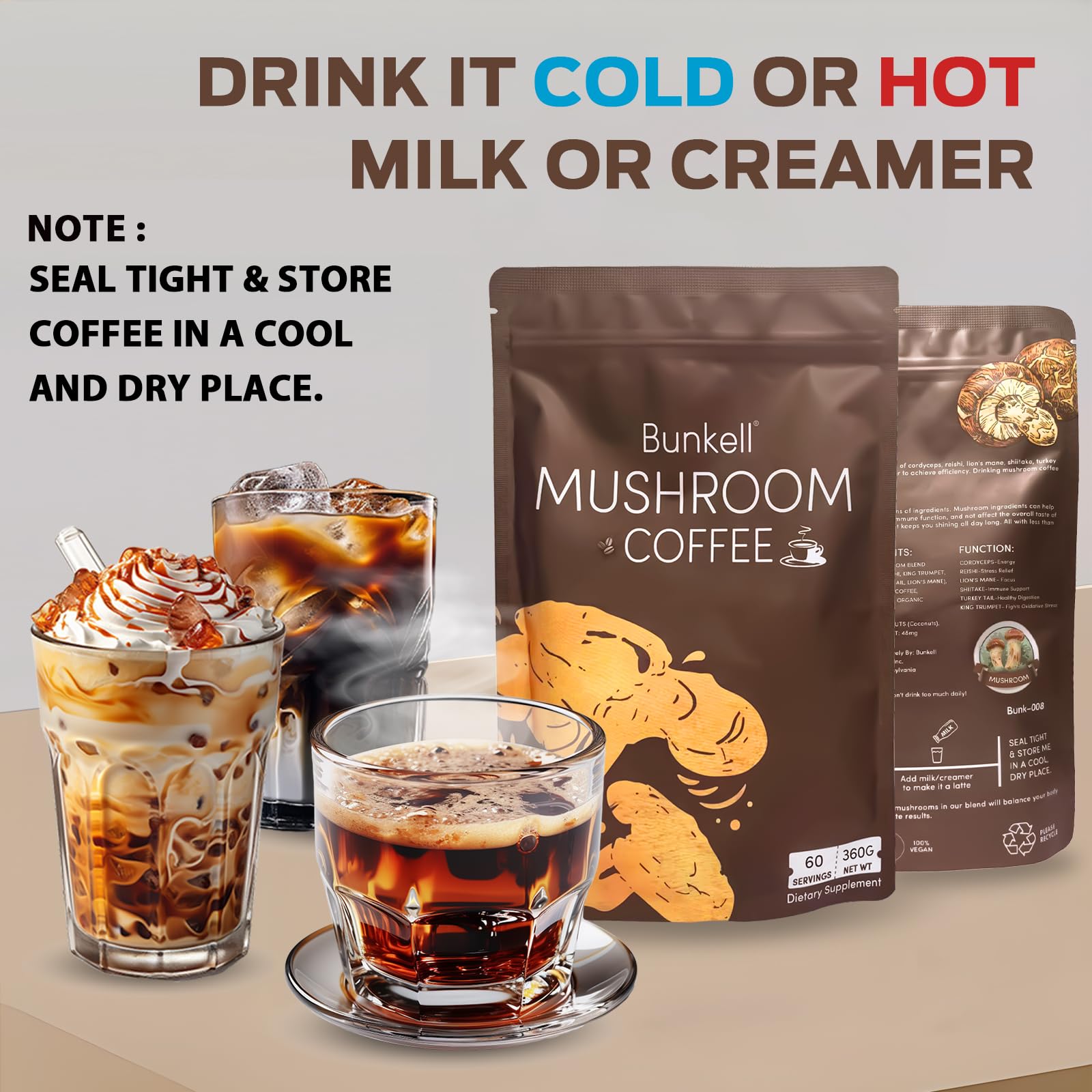 Bunkell product beside teaspoon and cup to demonstrate serving size