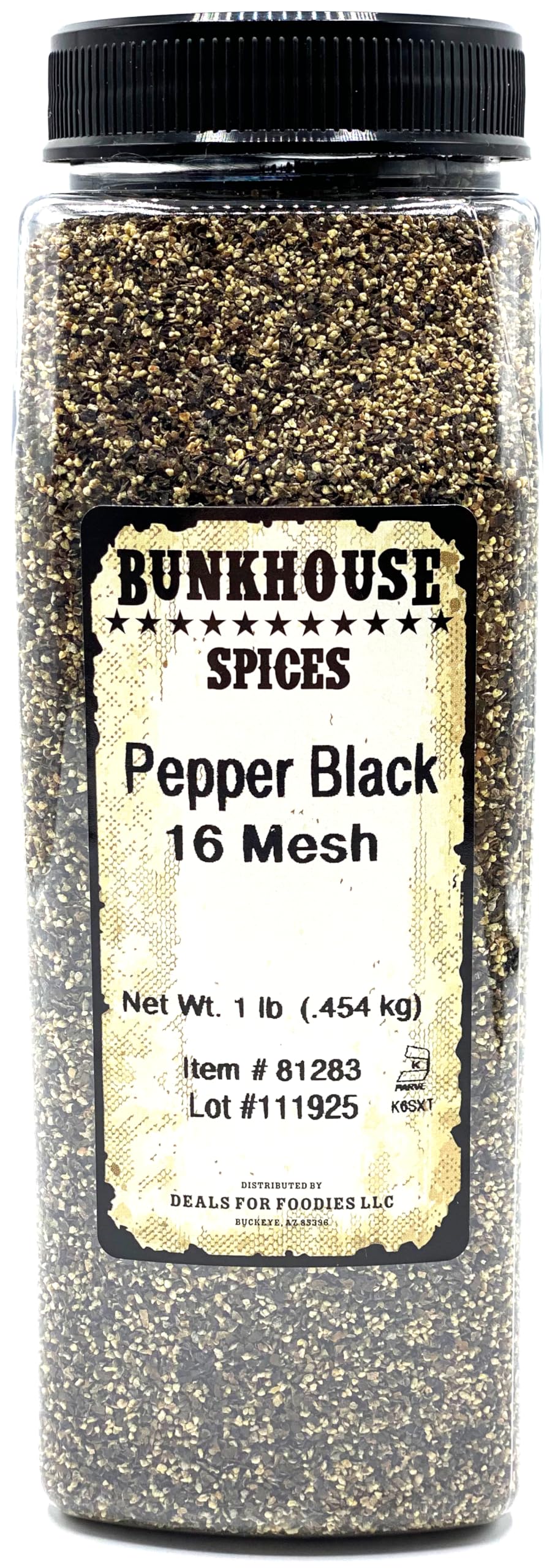 BUNKHOUSE front packaging showing 16 oz bulk pepper and clear label benefit