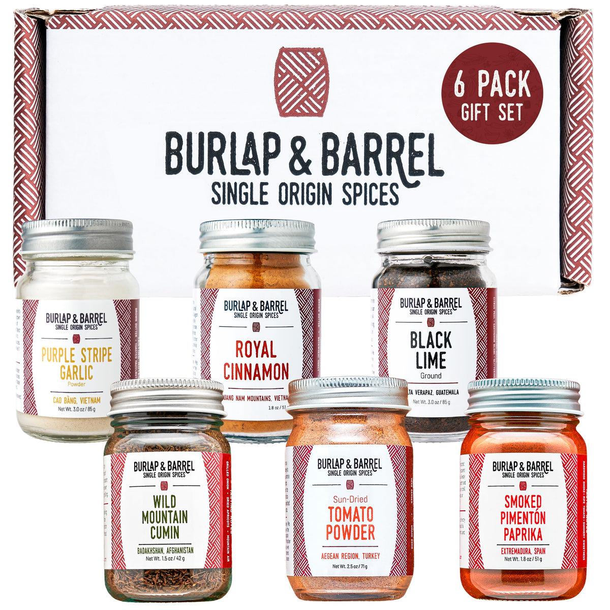 Burlap & Barrel full gift box front view showing six spice jars and gift-ready packaging benefit: easy gifting