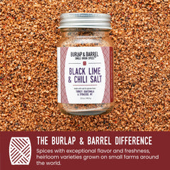 Burlap & Barrel close-up of dried black lime pieces, adding tangy citrus flavor