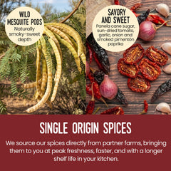 Burlap & Barrel label with sourcing notes and wild mesquite origin, emphasizes traceability