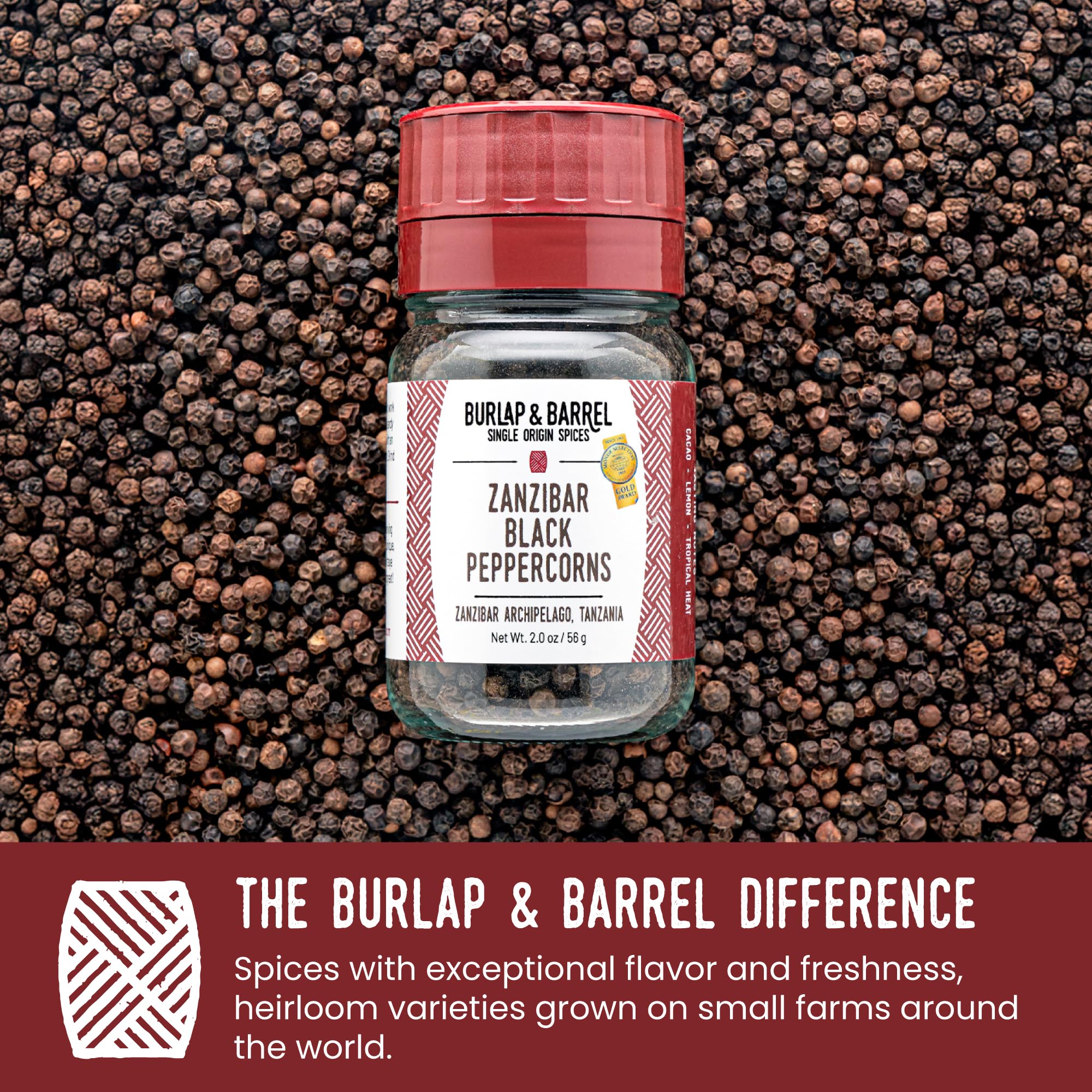 Burlap & Barrel macro of dense wrinkled peppercorns highlighting bright, lemony notes