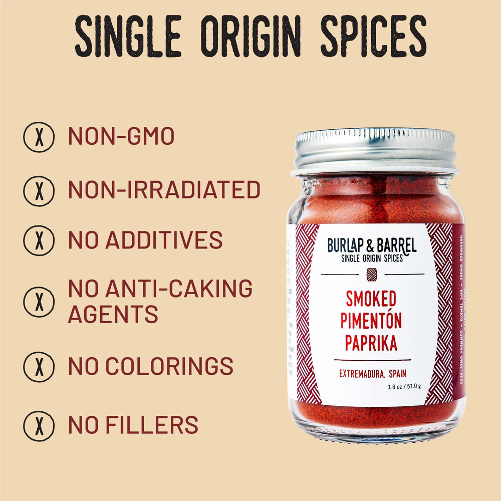 Burlap & Barrel smoked paprika sprinkled in a hot skillet adding depth to cooking benefit
