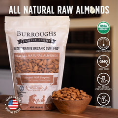Burroughs Family Farms almonds being blended into almond milk showing homemade purity benefit