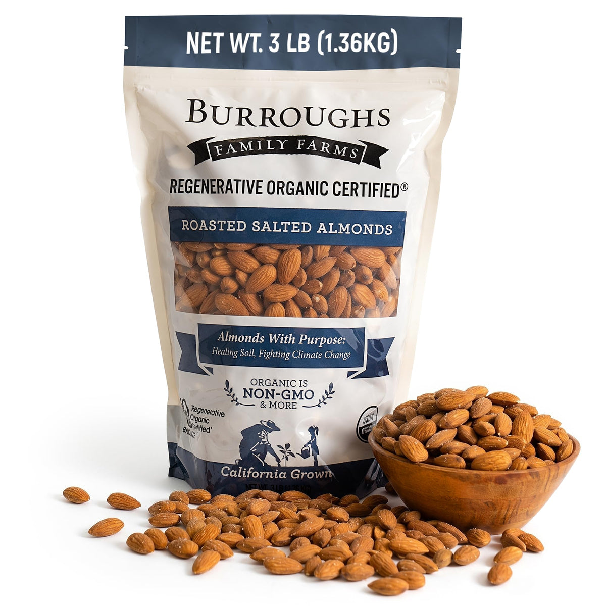Burroughs Family Farms front packaging showing regenerative organic badge and big bag convenience