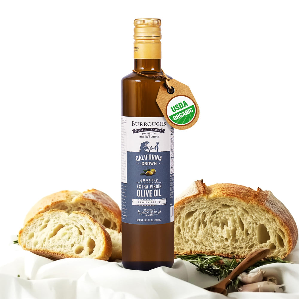 Burroughs Family Farms front packaging showing bottle and organic seals for quality